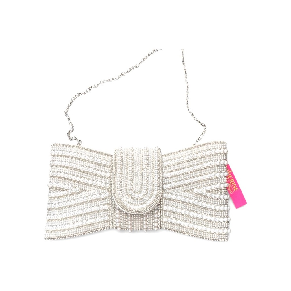 Catherine Malandrino White Bow Evening Bag with Pearls and Rhinestones, NWT